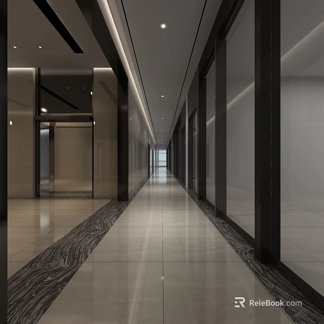 Modern Office Elevator Corridor With Sleek Tile Flooring And Glass Panels 3d model 