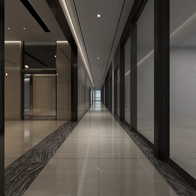 Modern Office Elevator Corridor With Sleek Tile Flooring And Glass Panels 3d model