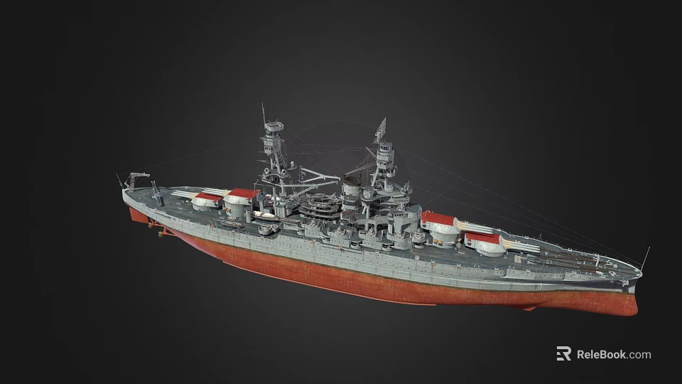 Wooden Ship With Gray Red Hull Turrets And Antennas On Deck Structure 3d model 