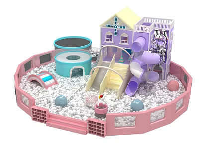 Indoor Playground Equipment With Pink Enclosure Slide Trampoline Ball Pit Playhouse And Colorful Balls 3d model