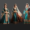 Three Women Wearing Traditional Ethnic Costumes With Teal Brown Embroidery Belts And Headscarves