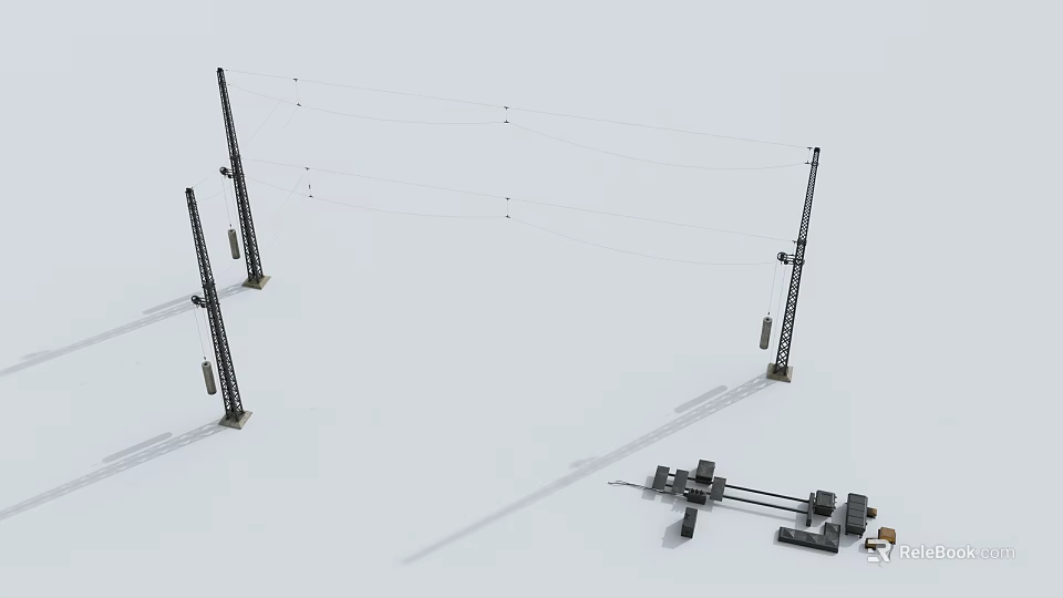 Railway Overhead Line Poles With Train Locomotive And Track Equipment Structure 3d model 
