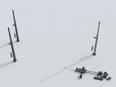 Railway Overhead Line Poles With Train Locomotive And Track Equipment Structure 3d model