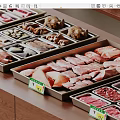 Fresh Meat Display On Wooden Countertop With Metal Trays Price Tags Chicken Pork Cuts