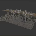 Detailed Bridge Model Structure With Stone Piers Wooden Deck Railings And Rubble