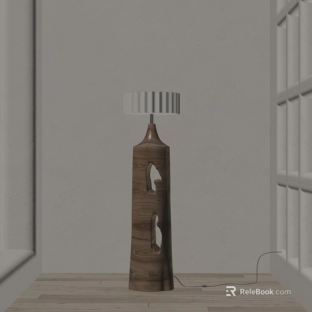 Minimalist Wooden Floor Lamp With Carved Design And Striped Lampshade In Room Corner 3d model 