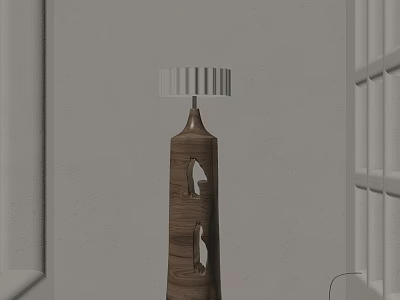 Minimalist Wooden Floor Lamp With Carved Design And Striped Lampshade In Room Corner 3d model