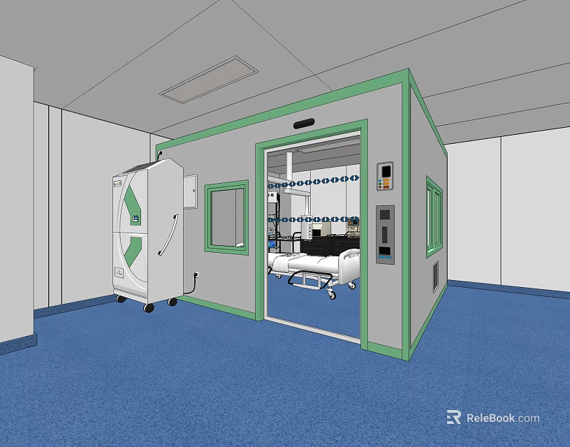 Medical Isolation Cabin Interior With Patient Bed And Medical Equipment 3d model 
