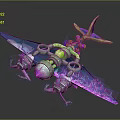 Futuristic Cosmic Spacecraft With Glowing Green Engine Blue Purple Wings And Biomechanical Design