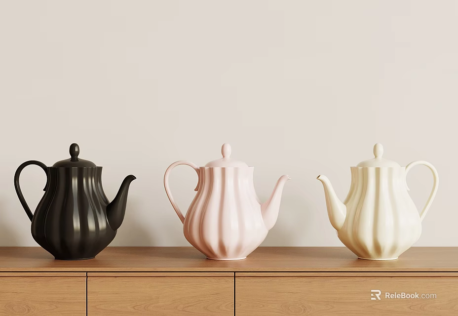 Black Pink and White Ceramic Teapots with Ribbed Design on Wooden Cabinet Light Wall 3d model 