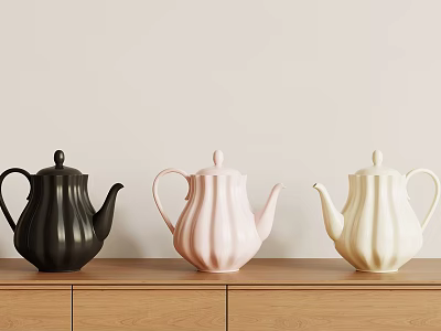 Black Pink and White Ceramic Teapots with Ribbed Design on Wooden Cabinet Light Wall 3d model