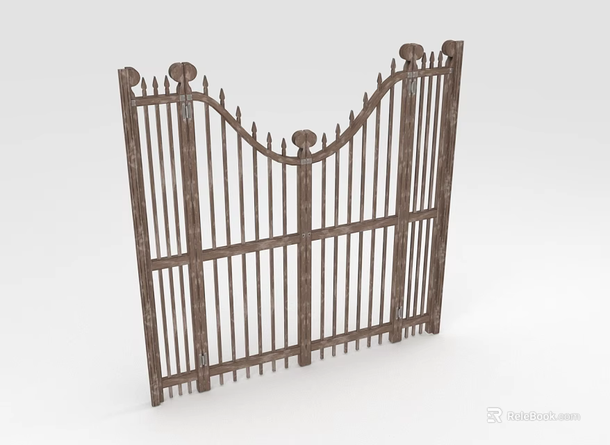 Wooden Fence Gate With Arched Top Circular Finials And Vertical Spiked Slats 3d model 