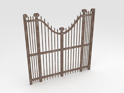 Wooden Fence Gate With Arched Top Circular Finials And Vertical Spiked Slats 3d model