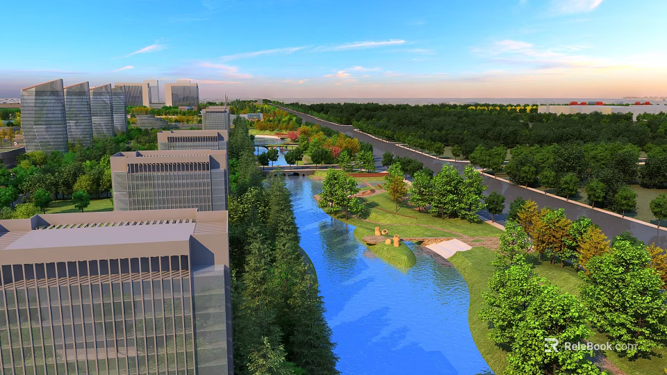 Urban Garden Landscape with Scenic River Lush Green Trees and Surrounding Urban Buildings 3d model 