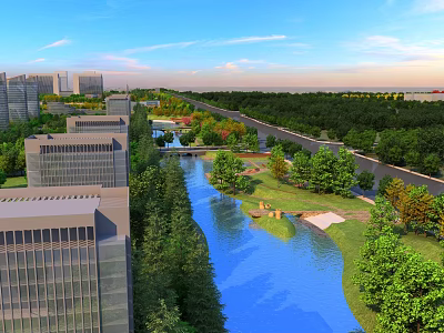 Urban Garden Landscape with Scenic River Lush Green Trees and Surrounding Urban Buildings 3d model