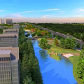 Urban Garden Landscape with Scenic River Lush Green Trees and Surrounding Urban Buildings