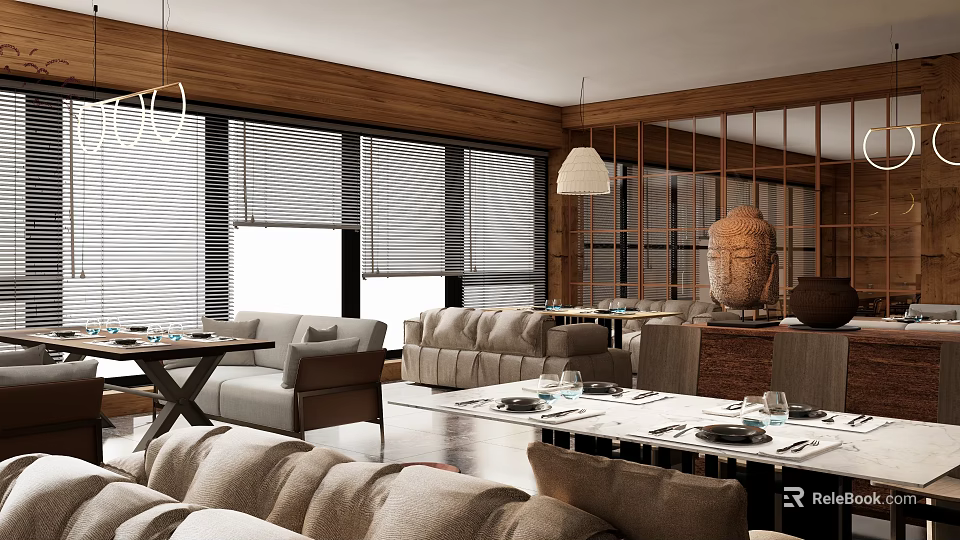 Modern Open Restaurant Interior With Wooden Elements Sofas Dining Tables Pendant Lights And Blinds 3d model 