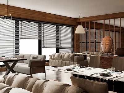 Modern Open Restaurant Interior With Wooden Elements Sofas Dining Tables Pendant Lights And Blinds 3d model