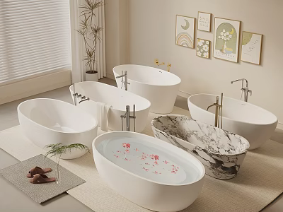 Different Bathtub Designs Featuring White And Marble Styles With Decorative Petals 3d model