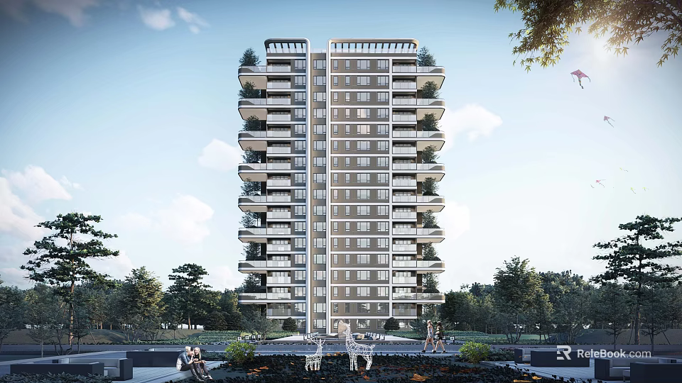 Modern High Rise Residential Building With Balconies Greenery And Outdoor Space 3d model 