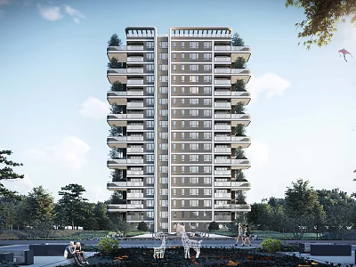 Modern High Rise Residential Building With Balconies Greenery And Outdoor Space 3d model