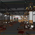 Modern Restaurant Interior With Dining Tables Chairs Hanging Chandeliers Wine Racks And Large Windows