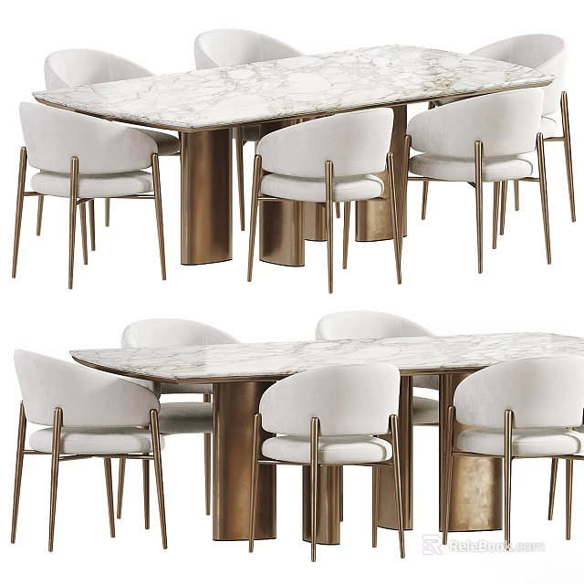 Modern Desk With Marble Surface Metal Frame And Comfortable White Chairs 3d model