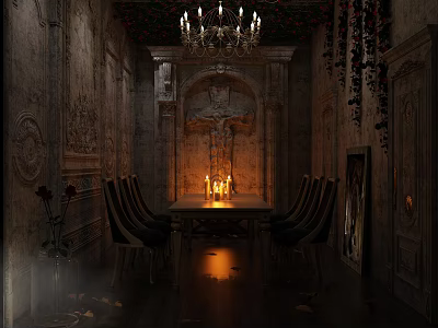 Ancient Dimly Lit Room Interior With Long Dining Table Candles Chandelier and Decorative Walls 3d model