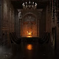 Ancient Dimly Lit Room Interior With Long Dining Table Candles Chandelier and Decorative Walls