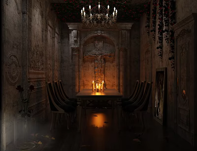 Ancient Dimly Lit Room Interior With Long Dining Table Candles Chandelier and Decorative Walls 3d model