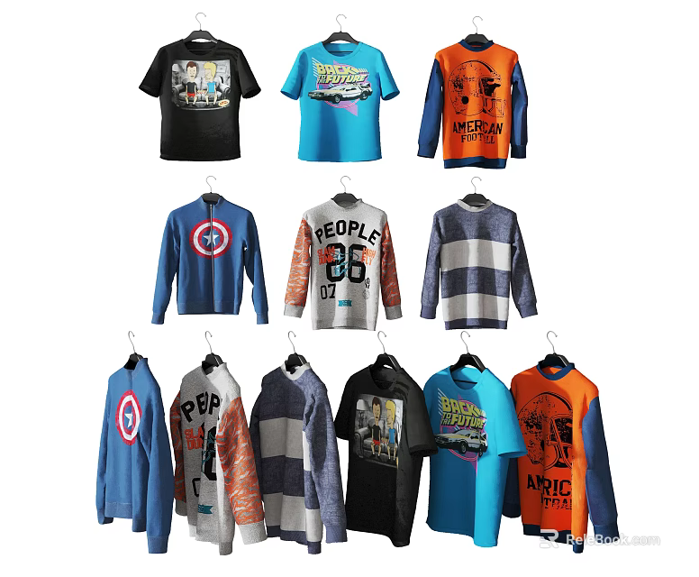 Colorful Graphic T Shirts and Long Sleeve Tops with Various Prints Hanging on Hangers 3d model 