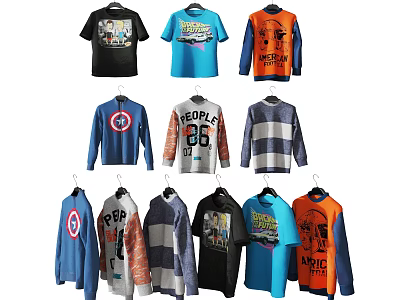 Colorful Graphic T Shirts and Long Sleeve Tops with Various Prints Hanging on Hangers 3d model