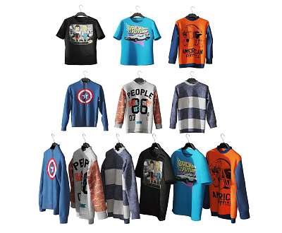 Colorful Graphic T Shirts and Long Sleeve Tops with Various Prints Hanging on Hangers 3d model