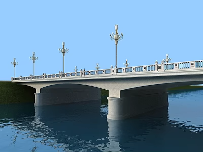 Stone Bridge With Lamp Posts And White Railings Over Calm Water 3d model
