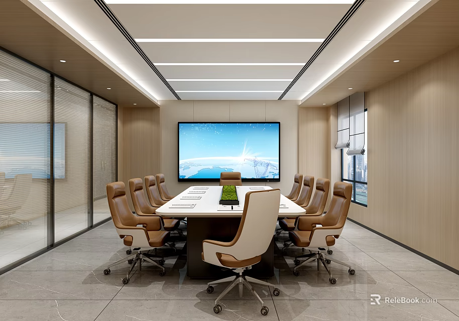 Modern Conference Room Interior With Large Meeting Table Leather Chairs And Smart Display Screen 3d model 