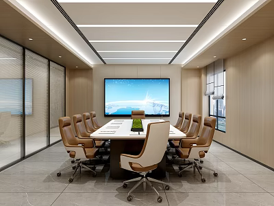 Modern Conference Room Interior With Large Meeting Table Leather Chairs And Smart Display Screen 3d model