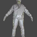 Post Apocalyptic Game Character Wearing Gas Mask And Protective Suit In Abandoned Area With Trees