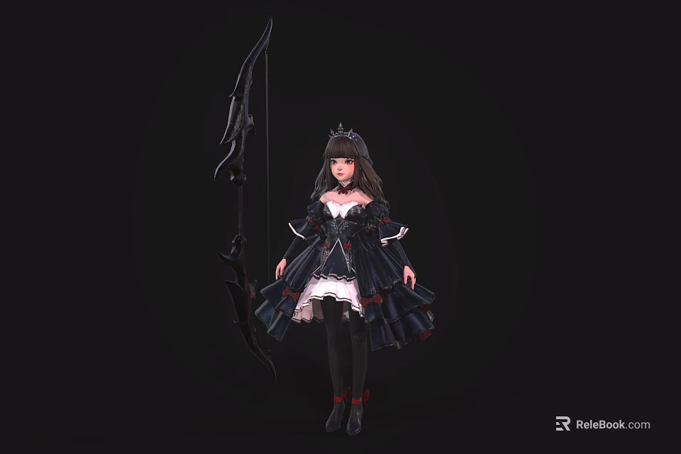 Game Movie Character With Long Black Hair And Black White Dress Holding Large Bow 3d model 