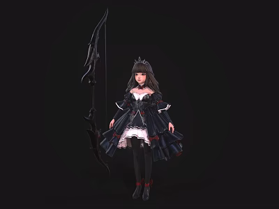 Game Movie Character With Long Black Hair And Black White Dress Holding Large Bow 3d model
