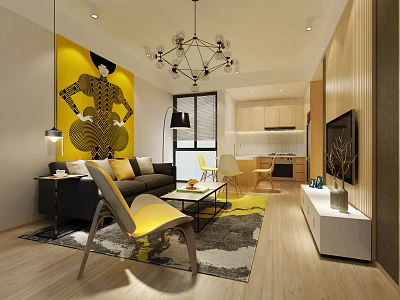 Modern Living Room With Yellow Decorative Painting Geometric Chandelier Black Sofa Yellow Cushions And Rug 3d model