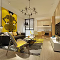 Modern Living Room With Yellow Decorative Painting Geometric Chandelier Black Sofa Yellow Cushions And Rug