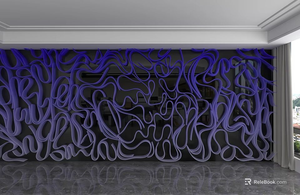 Modern Abstract Background Wall With Purple Blue Gradient Curved Lines And Flowing Design 3d model 