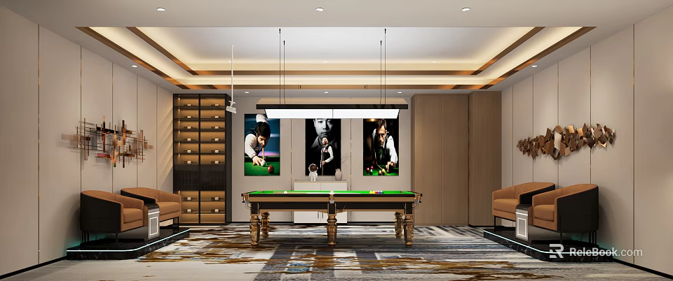 Modern Luxury Billiard Room With Table Posters Sofas And Cabinets 3d model 