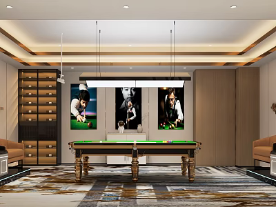 Modern Luxury Billiard Room With Table Posters Sofas And Cabinets 3d model