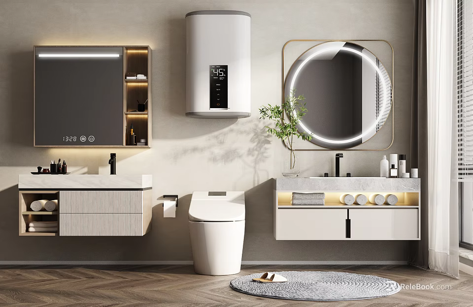 Modern Bathroom Vanity With Round Backlit Mirror White Cabinets Green Plant And Wall Mounted Toilet 3d model 