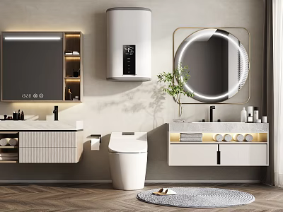 Modern Bathroom Vanity With Round Backlit Mirror White Cabinets Green Plant And Wall Mounted Toilet 3d model
