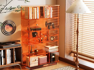 Orange Acrylic Shelving Unit With Books Decor Camera Clock In Modern Living Room 3d model