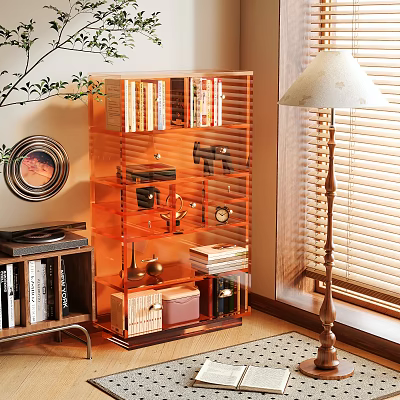Orange Acrylic Shelving Unit With Books Decor Camera Clock In Modern Living Room 3d model