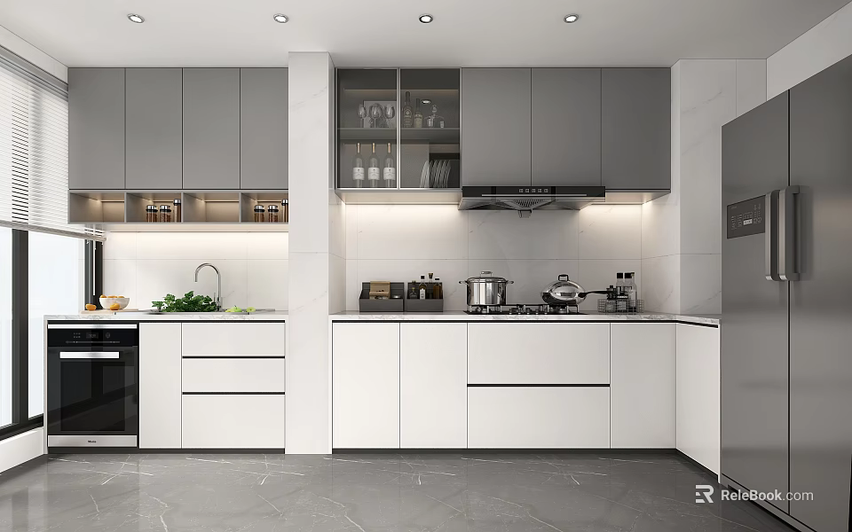 Modern Kitchen Interior Design With Gray White Cabinets Island Countertop And Appliances 3d model 