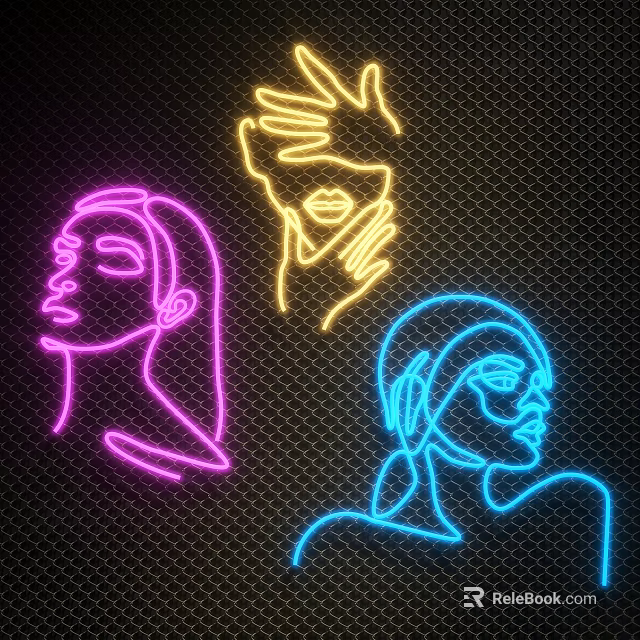 Neon Decorative Lights With Female Silhouettes In Pink Yellow Blue On Black Grid 3d model 
